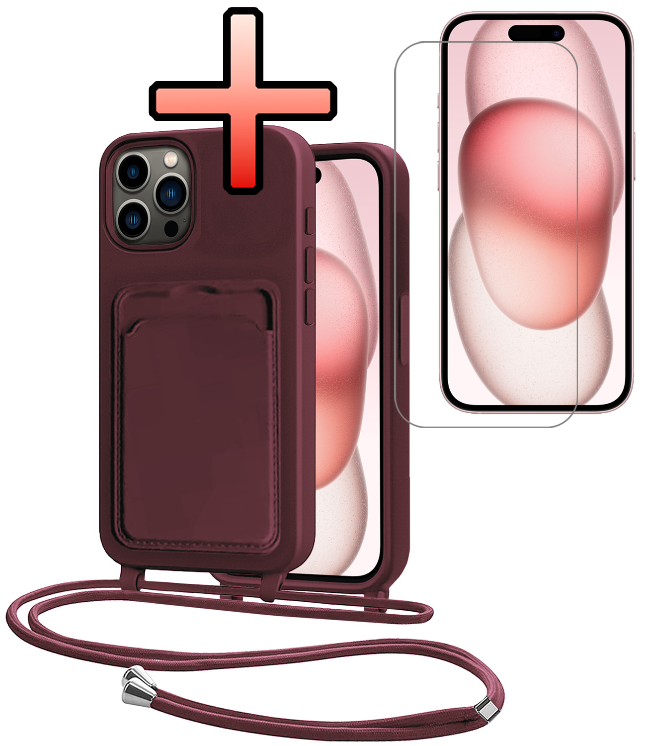 NoXx NoXx iPhone 15 Pro Max Hoesje Pashouder met Koord Met Screenprotector - Aubergine