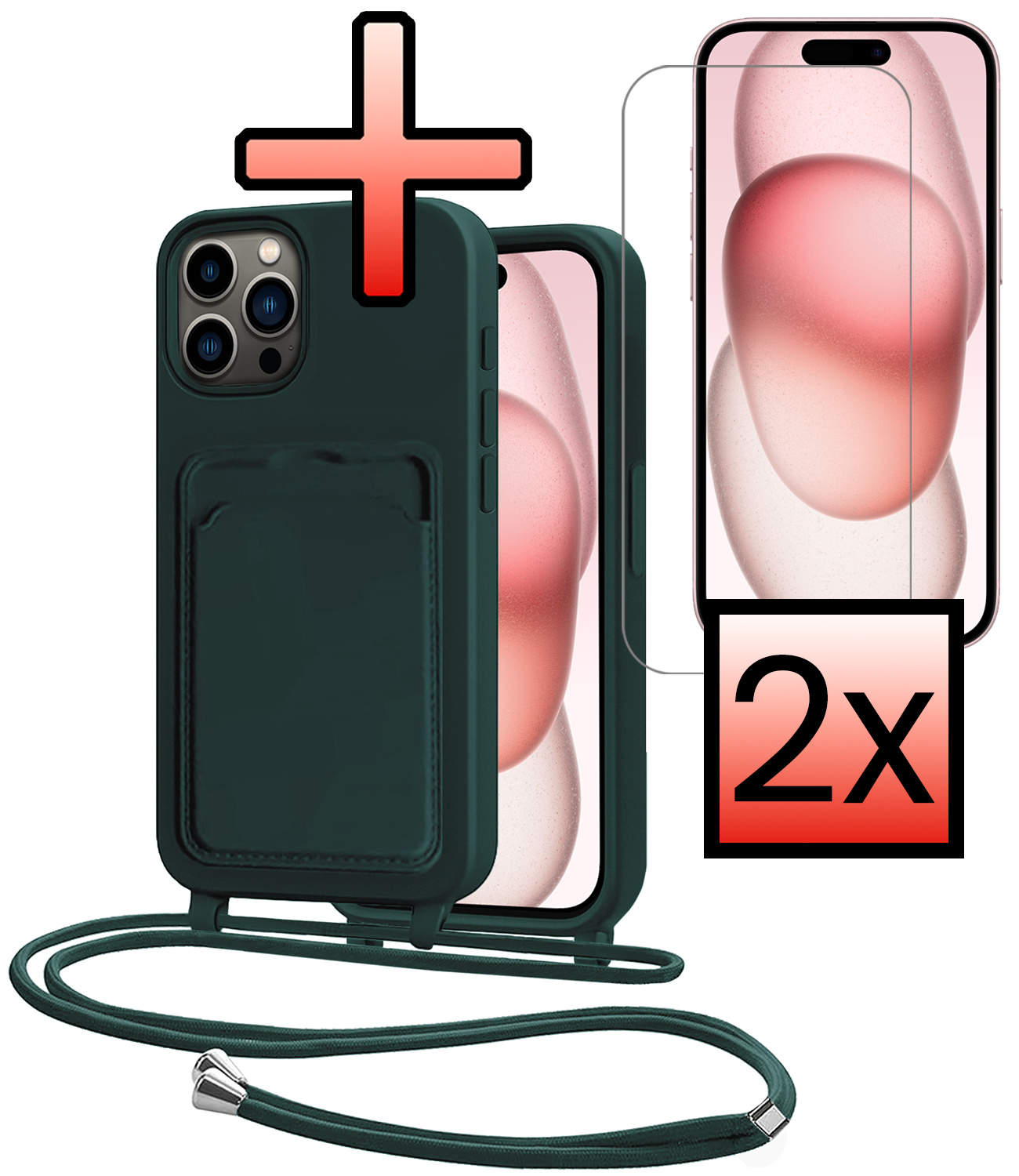 NoXx NoXx iPhone 15 Pro Max Hoesje Pashouder met Koord Met 2x Screenprotector - Donkergroen