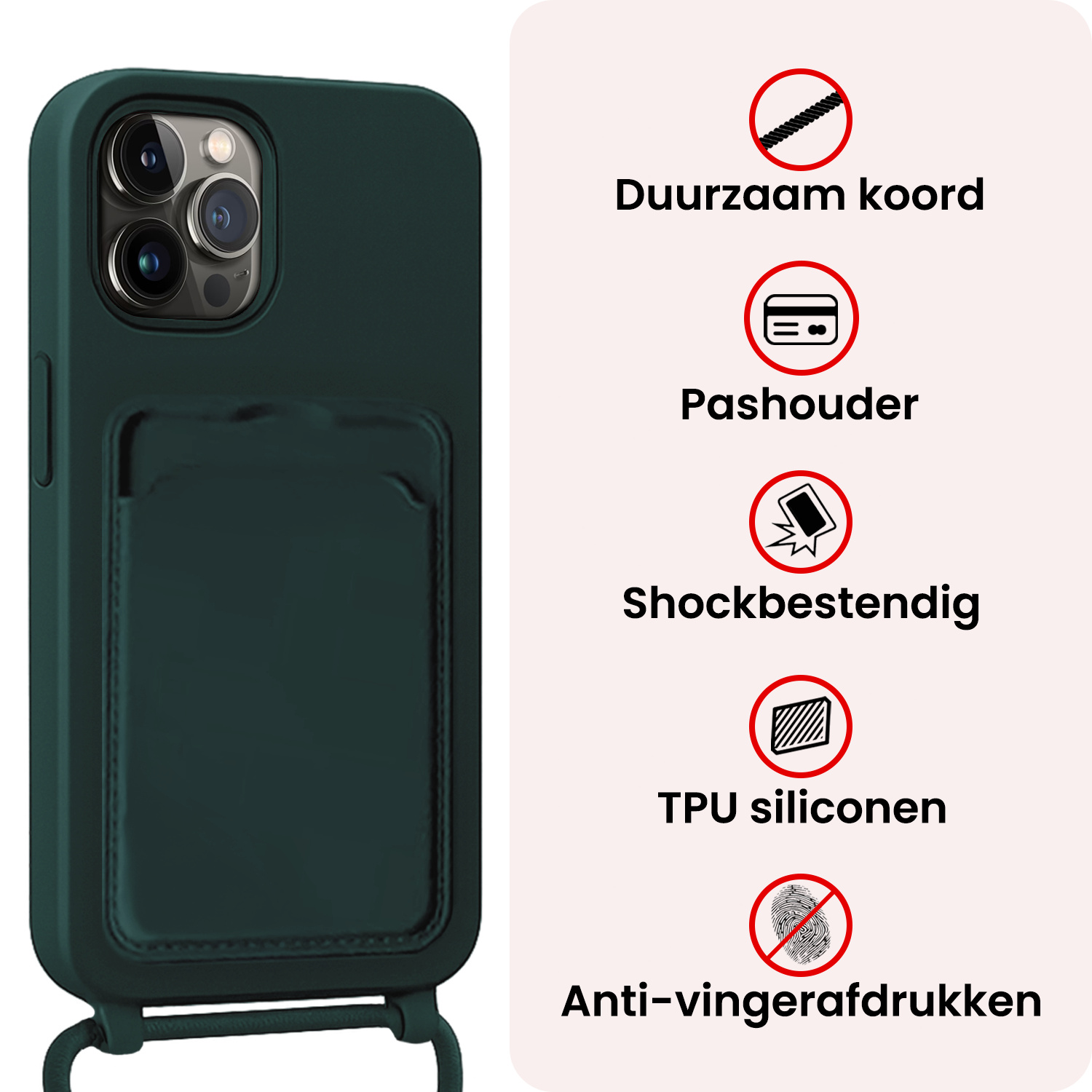 NoXx NoXx iPhone 15 Pro Max Hoesje Pashouder met Koord Met 2x Screenprotector - Donkergroen