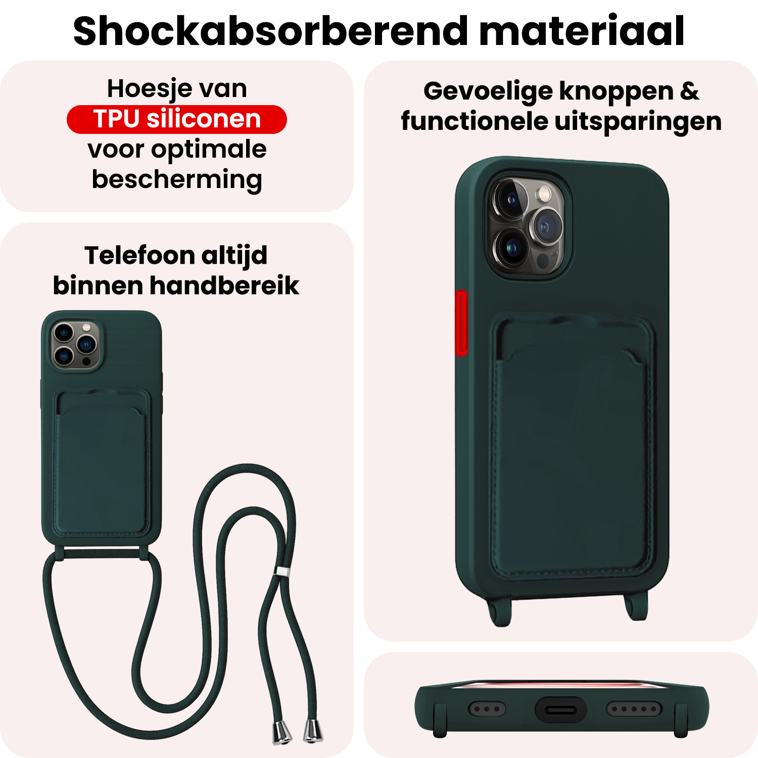 NoXx NoXx iPhone 15 Pro Max Hoesje Pashouder met Koord Met 2x Screenprotector - Donkergroen