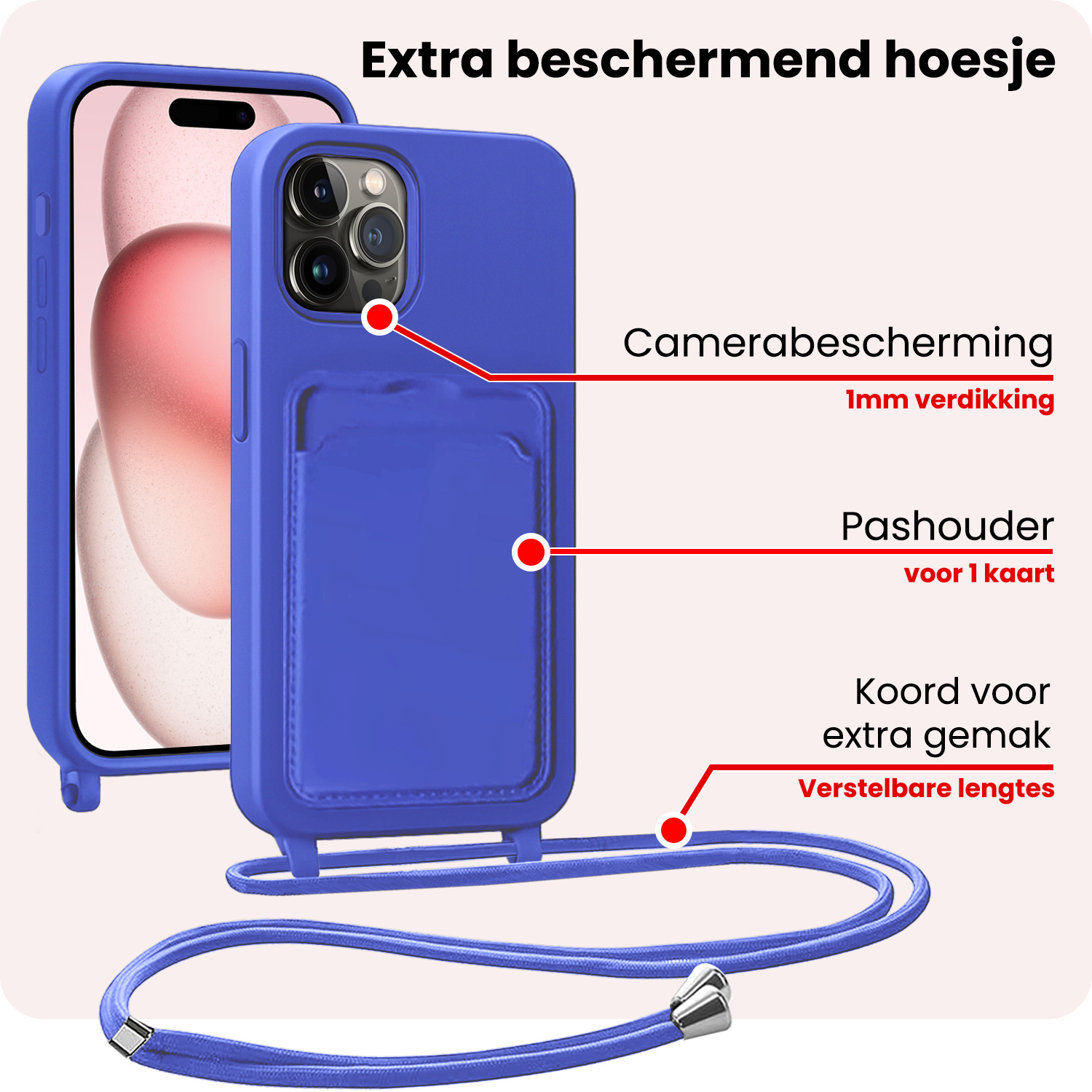 NoXx NoXx iPhone 15 Pro Max Hoesje Pashouder met Koord Met 2x Screenprotector - Fel Blauw