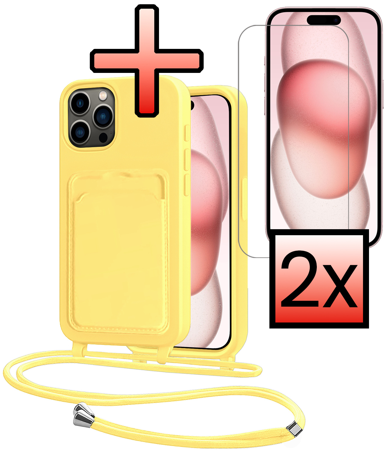 NoXx NoXx iPhone 15 Pro Max Hoesje Pashouder met Koord Met 2x Screenprotector - Geel