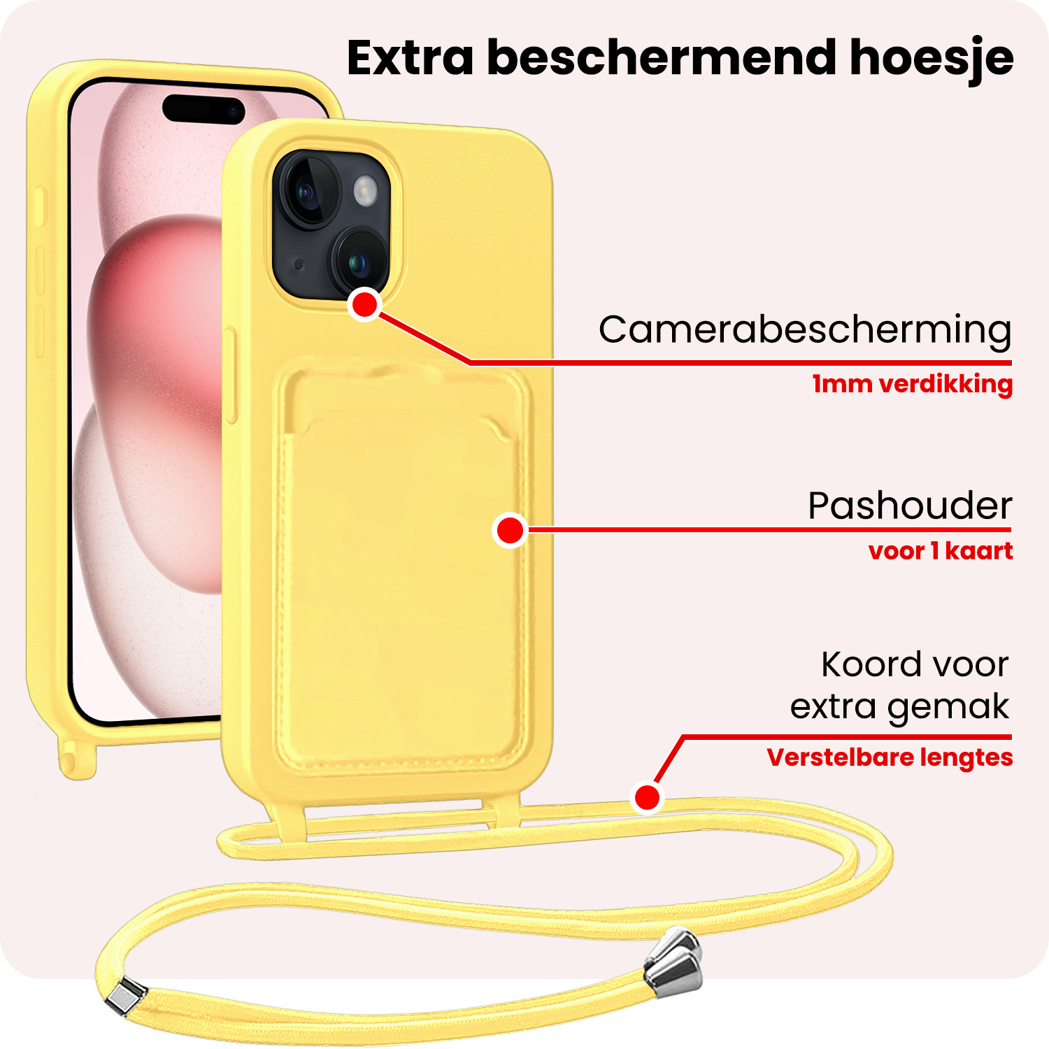 NoXx NoXx iPhone 15 Pro Max Hoesje Pashouder met Koord Met 2x Screenprotector - Geel