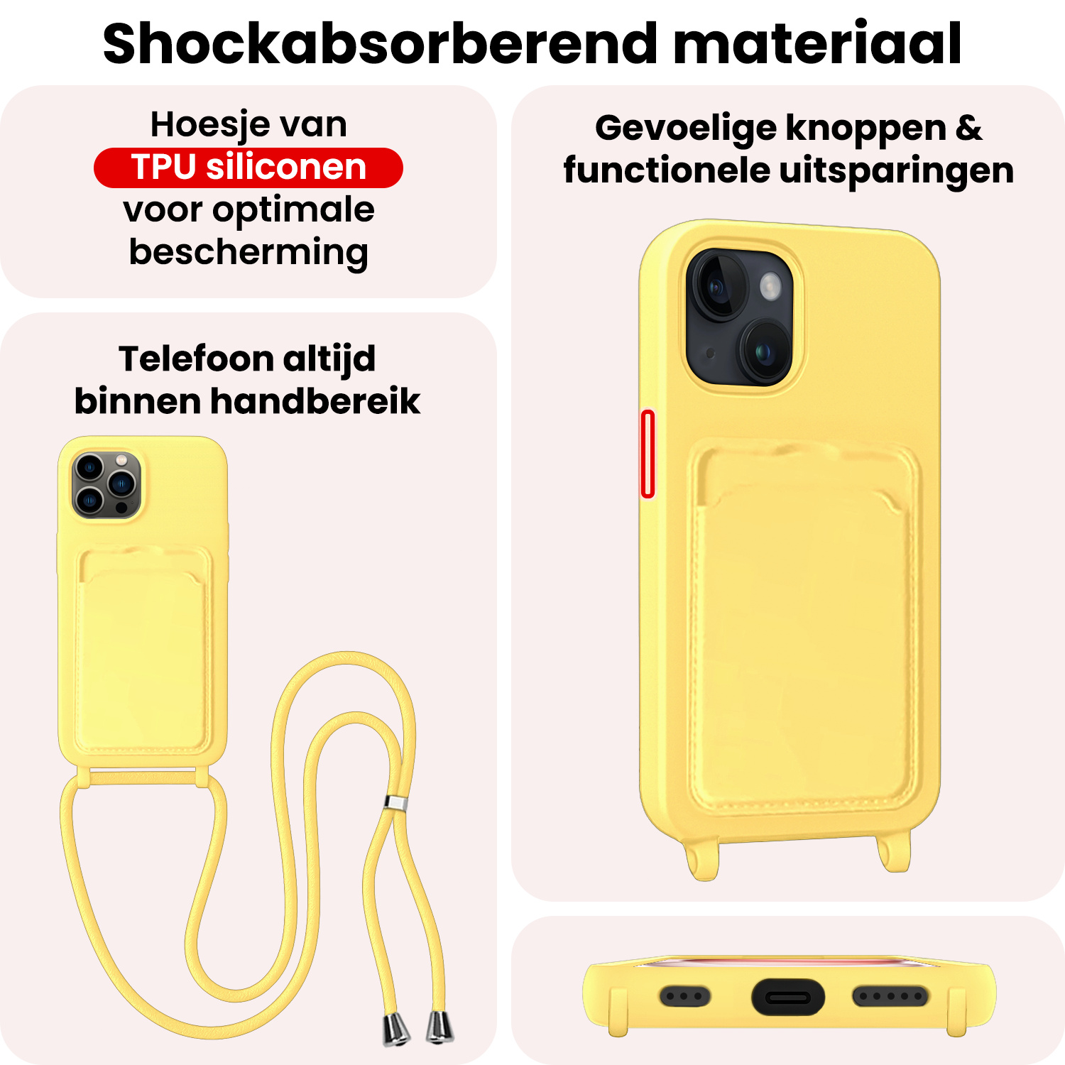 NoXx NoXx iPhone 15 Pro Max Hoesje Pashouder met Koord Met 2x Screenprotector - Geel