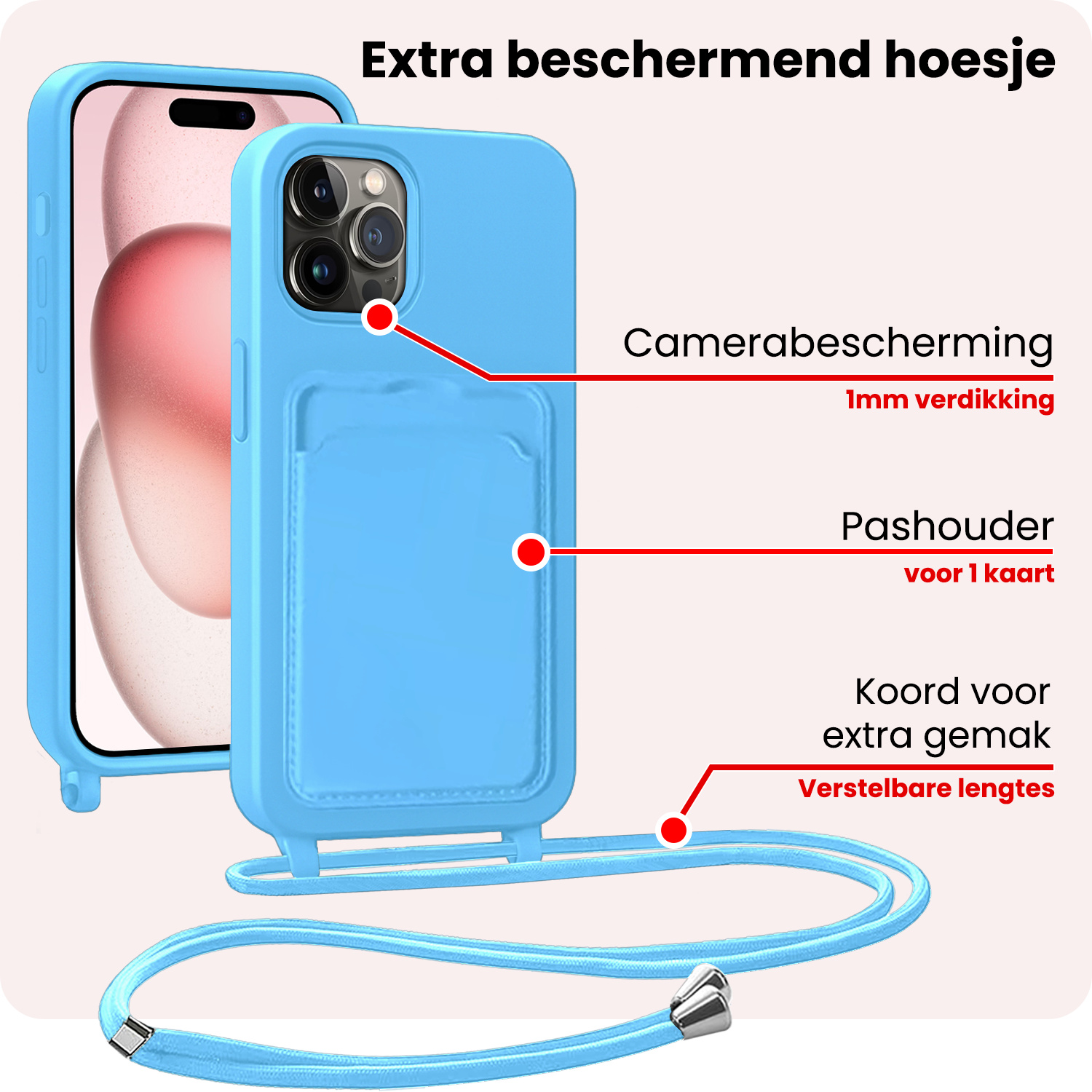 NoXx NoXx iPhone 15 Pro Max Hoesje Pashouder met Koord Met 2x Screenprotector - Lichtblauw