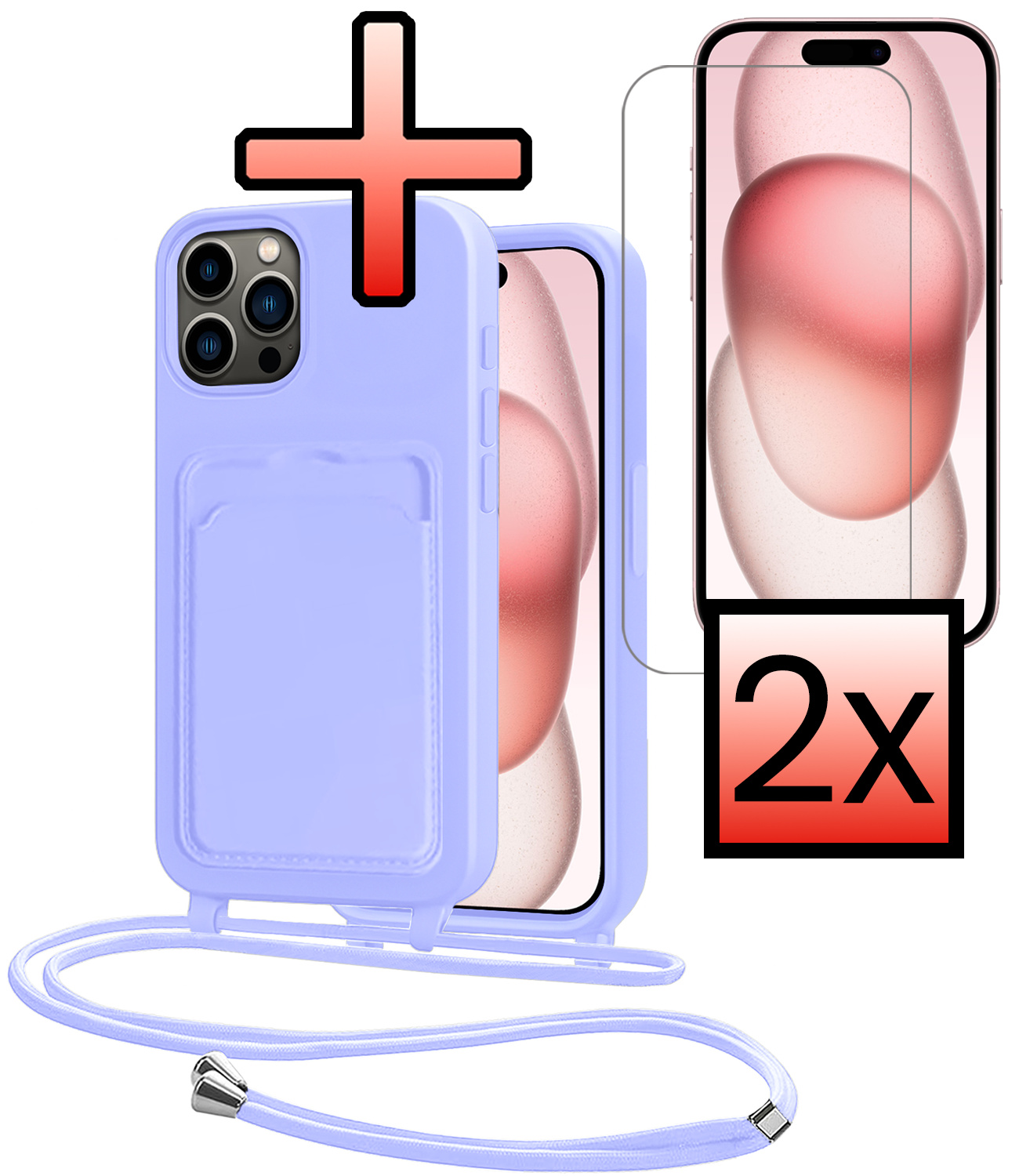 NoXx NoXx iPhone 15 Pro Max Hoesje Pashouder met Koord Met 2x Screenprotector - Lila
