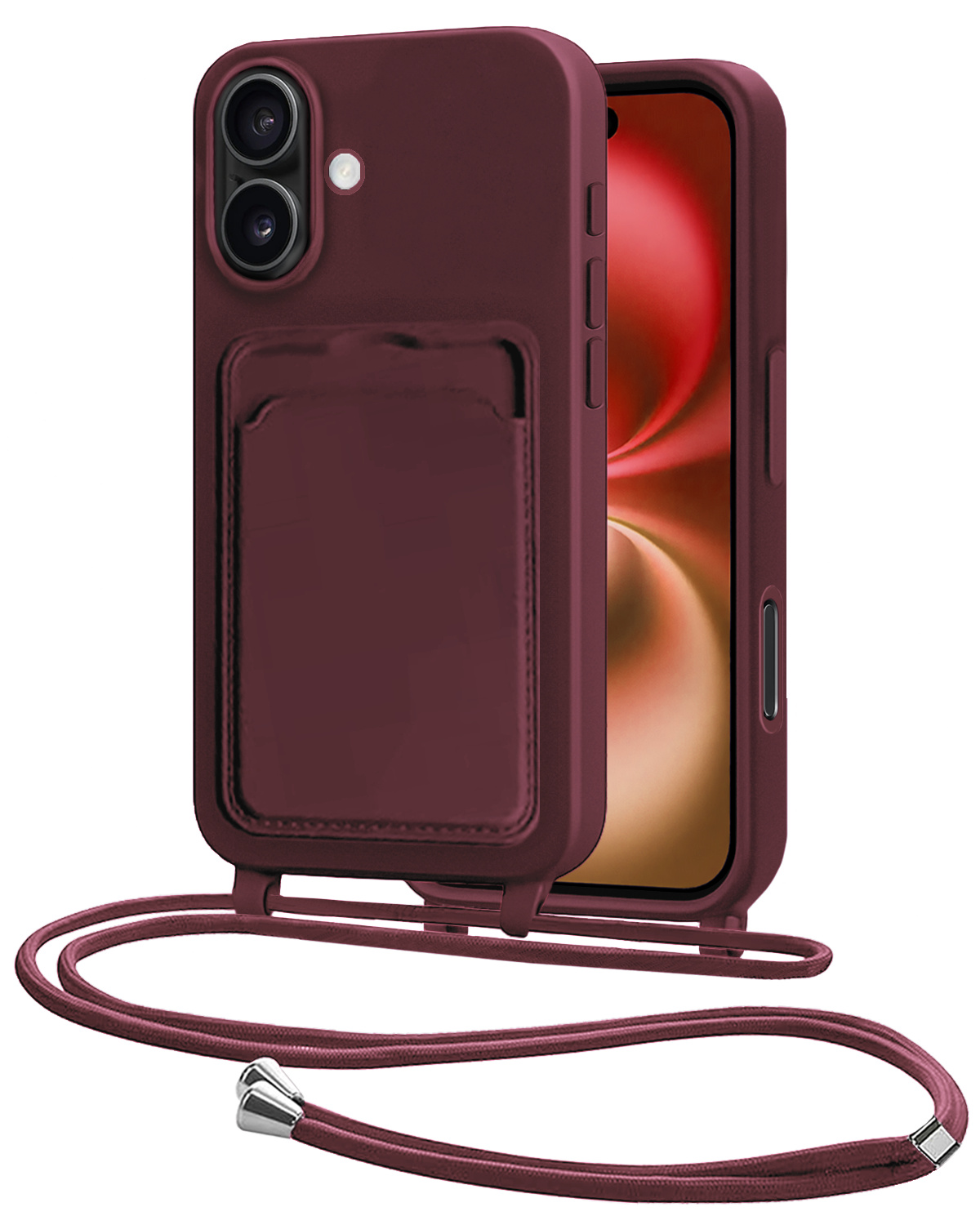 NoXx NoXx iPhone 16 Plus Hoesje Pashouder met Koord - Aubergine