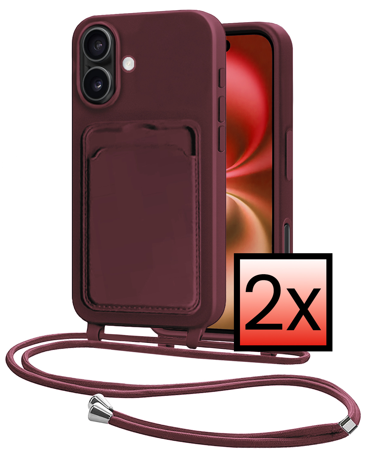 NoXx NoXx iPhone 16 Plus Hoesje Pashouder met Koord - Aubergine - 2 PACK
