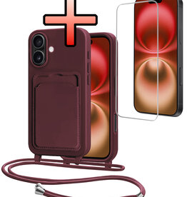 NoXx NoXx iPhone 16 Plus Hoesje Pashouder met Koord Met Screenprotector - Aubergine