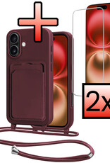 NoXx NoXx iPhone 16 Plus Hoesje Pashouder met Koord Met 2x Screenprotector - Aubergine