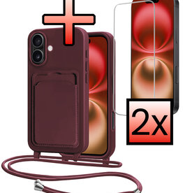 NoXx NoXx iPhone 16 Plus Hoesje Pashouder met Koord Met 2x Screenprotector - Aubergine
