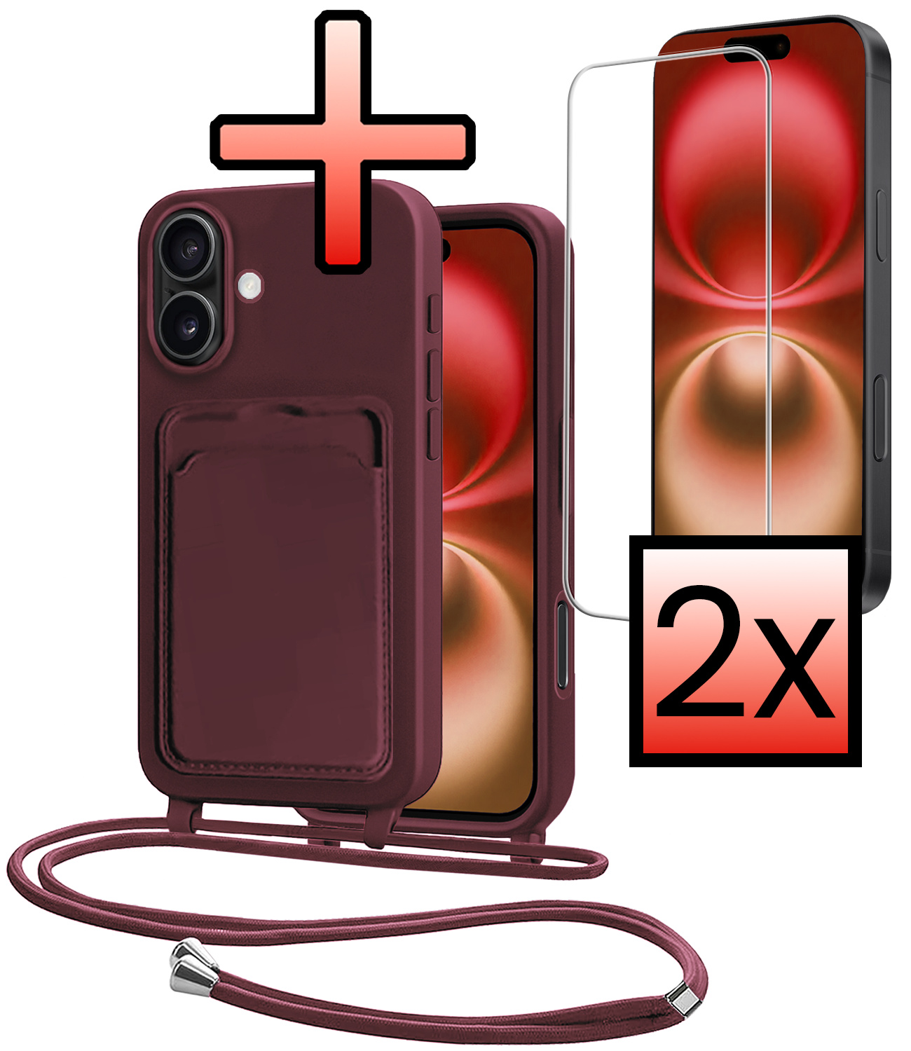 NoXx NoXx iPhone 16 Plus Hoesje Pashouder met Koord Met 2x Screenprotector - Aubergine