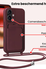 NoXx NoXx iPhone 16 Plus Hoesje Pashouder met Koord Met 2x Screenprotector - Aubergine