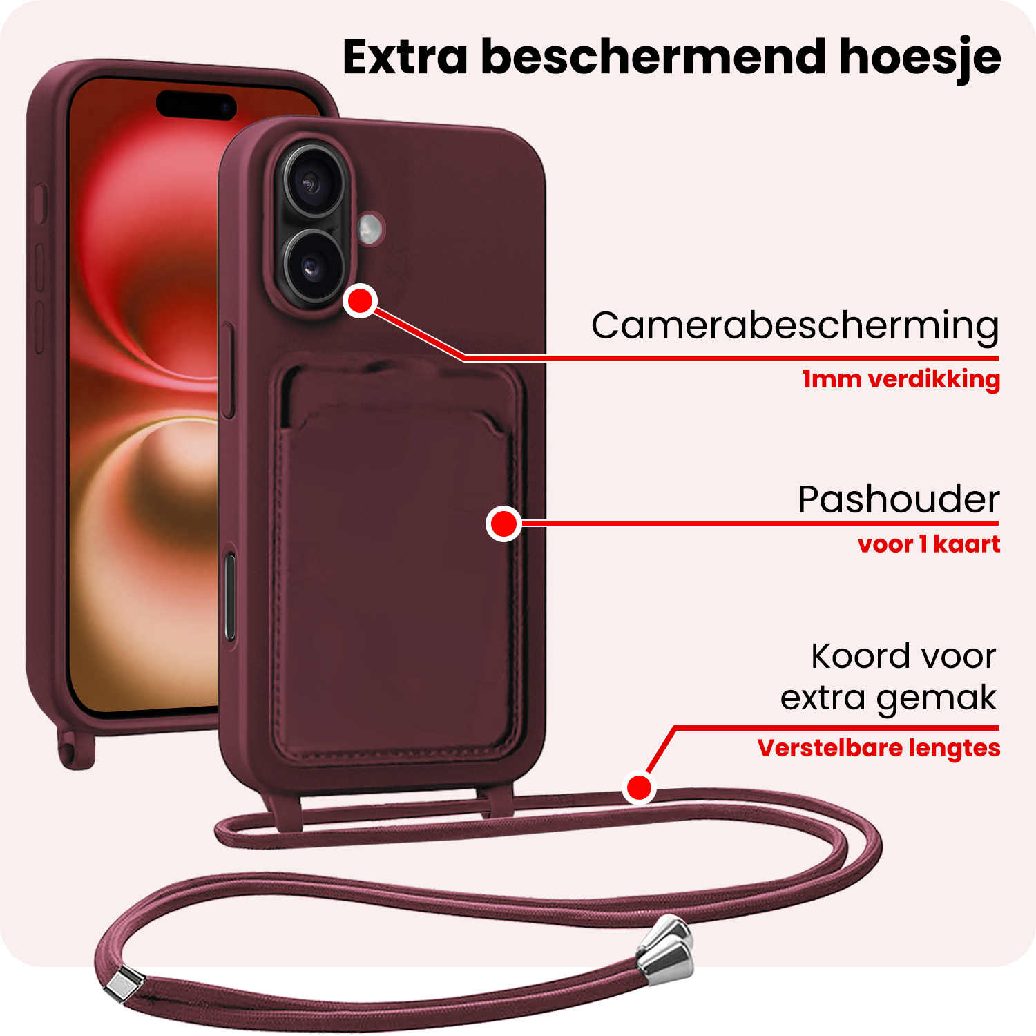NoXx NoXx iPhone 16 Plus Hoesje Pashouder met Koord Met 2x Screenprotector - Aubergine