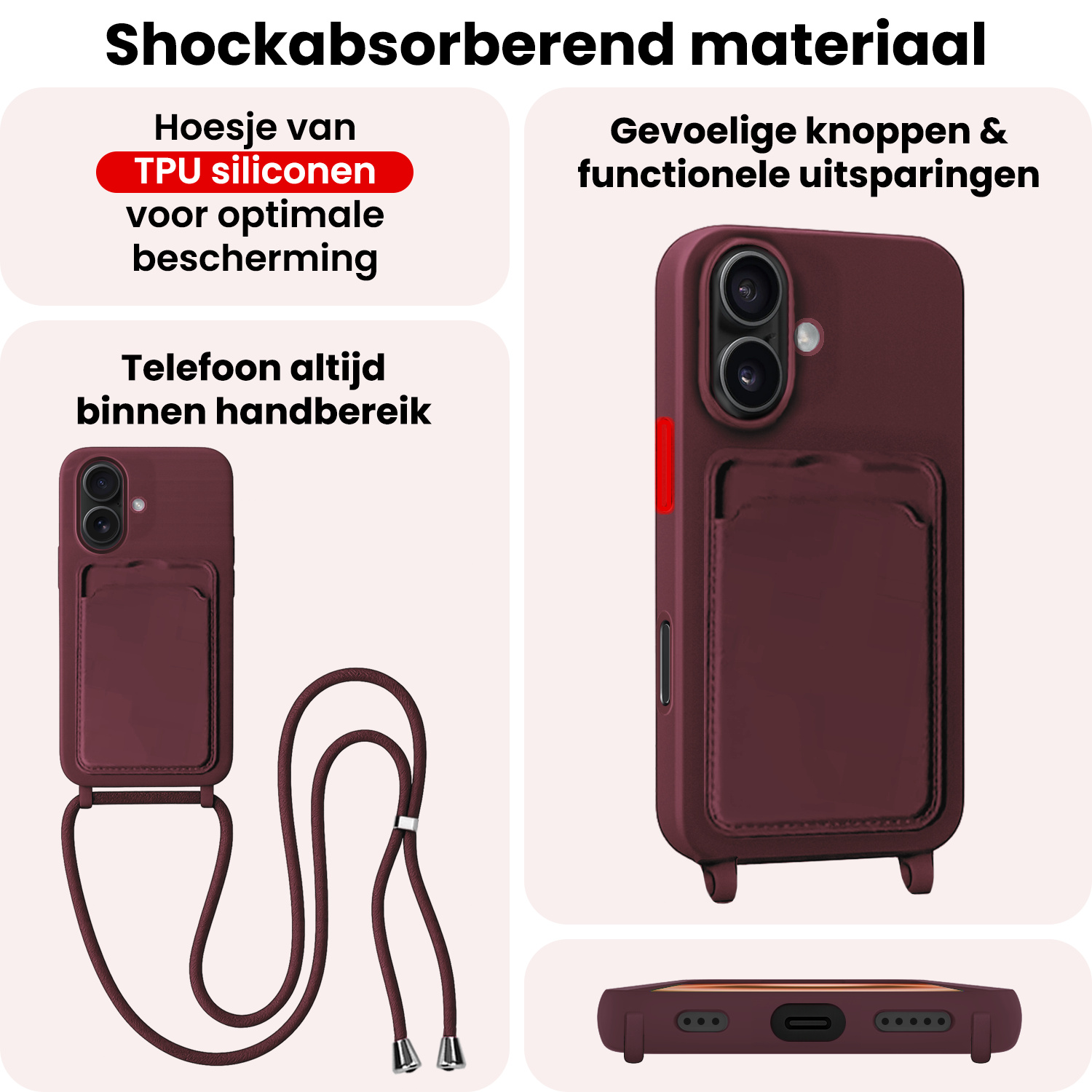 NoXx NoXx iPhone 16 Plus Hoesje Pashouder met Koord Met 2x Screenprotector - Aubergine
