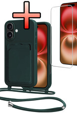 NoXx NoXx iPhone 16 Plus Hoesje Pashouder met Koord Met Screenprotector - Donkergroen