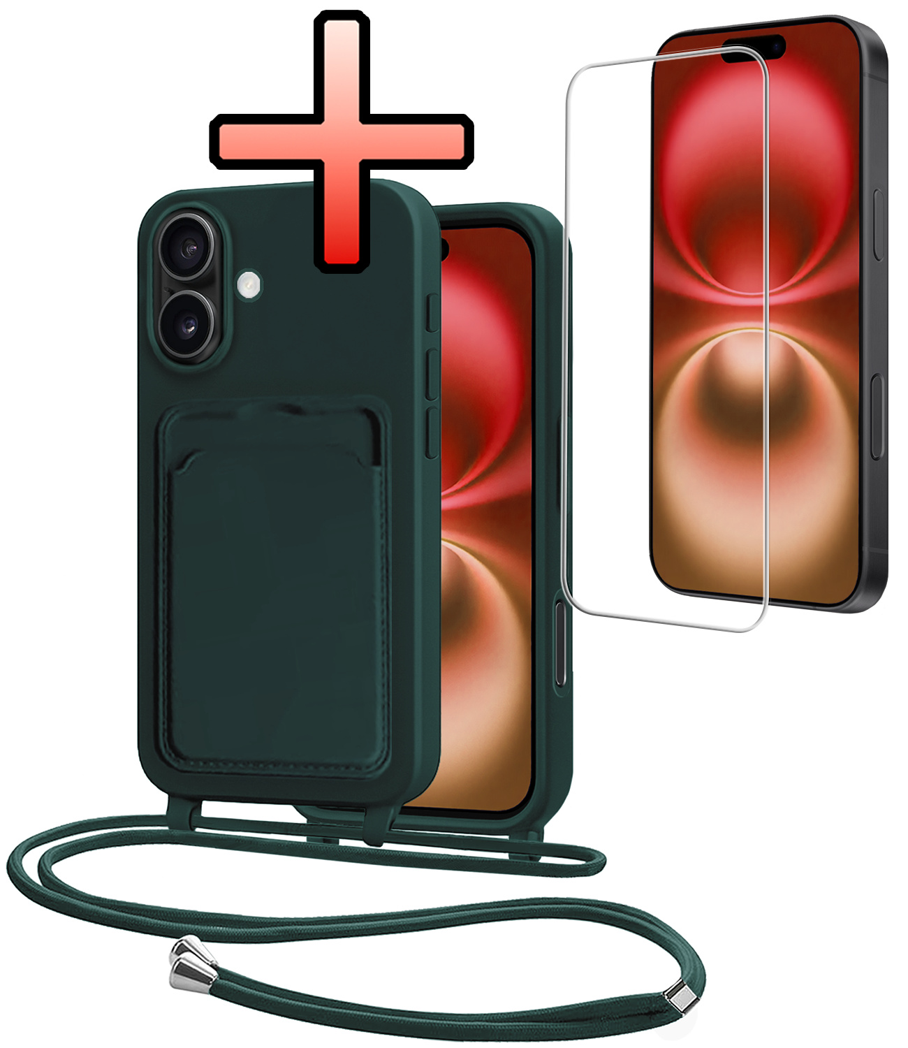 NoXx NoXx iPhone 16 Plus Hoesje Pashouder met Koord Met Screenprotector - Donkergroen