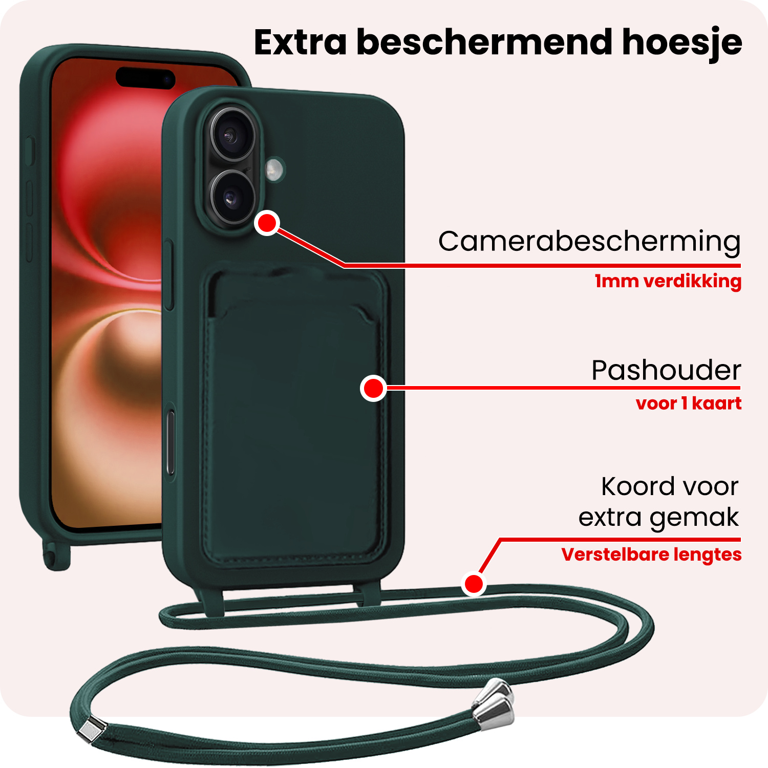 NoXx NoXx iPhone 16 Plus Hoesje Pashouder met Koord Met Screenprotector - Donkergroen