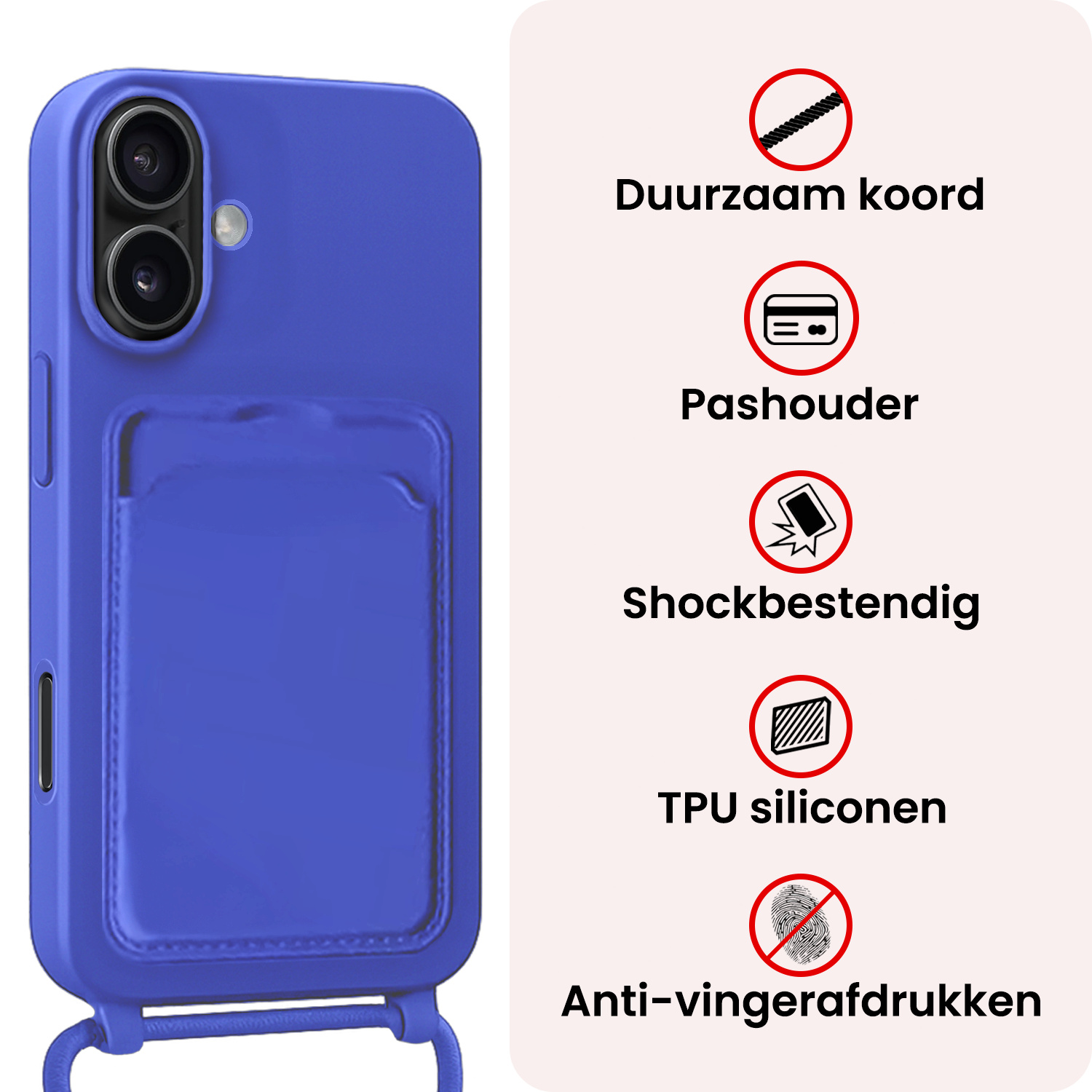NoXx NoXx iPhone 16 Plus Hoesje Pashouder met Koord - Fel Blauw