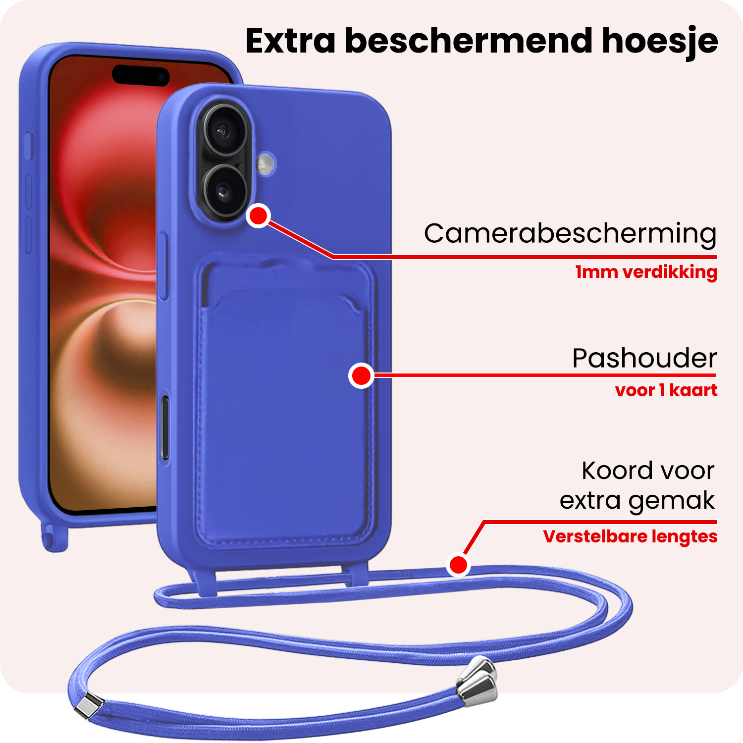 NoXx NoXx iPhone 16 Plus Hoesje Pashouder met Koord - Fel Blauw