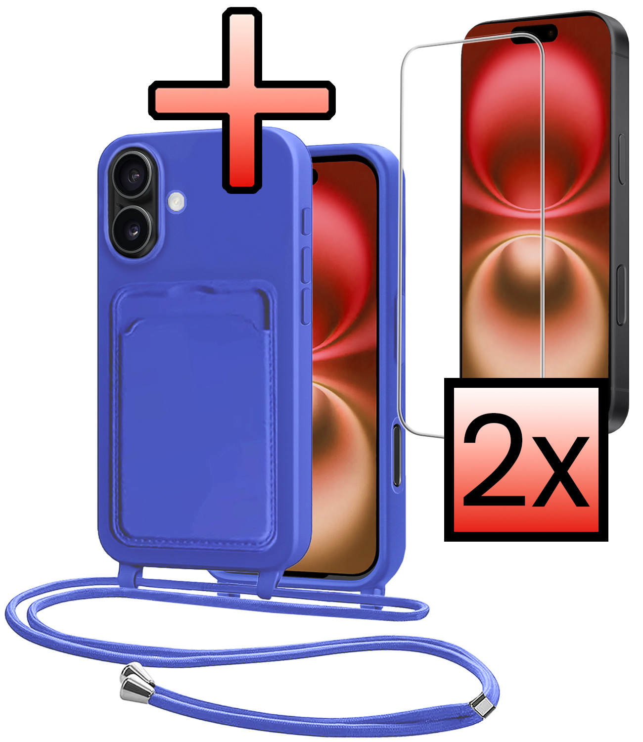 NoXx NoXx iPhone 16 Plus Hoesje Pashouder met Koord Met 2x Screenprotector - Fel Blauw