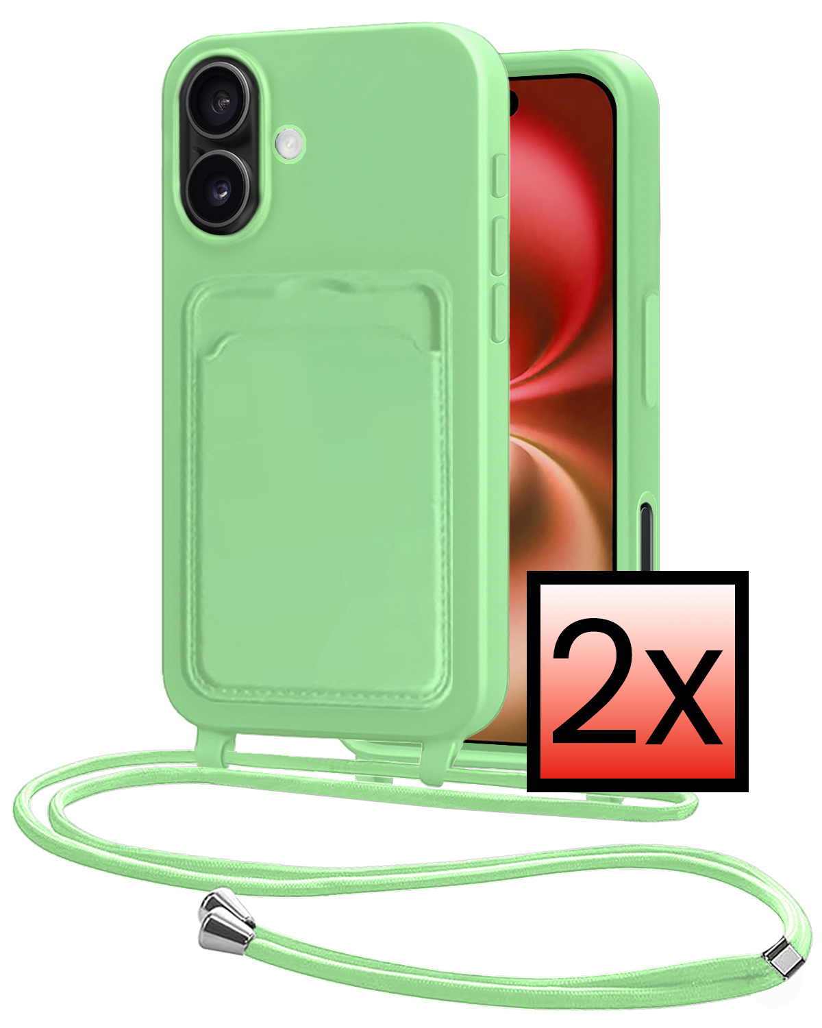 NoXx NoXx iPhone 16 Plus Hoesje Pashouder met Koord - Groen - 2 PACK