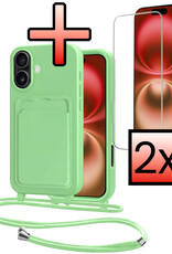 NoXx NoXx iPhone 16 Plus Hoesje Pashouder met Koord Met 2x Screenprotector - Groen