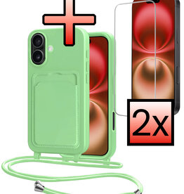 NoXx NoXx iPhone 16 Plus Hoesje Pashouder met Koord Met 2x Screenprotector - Groen
