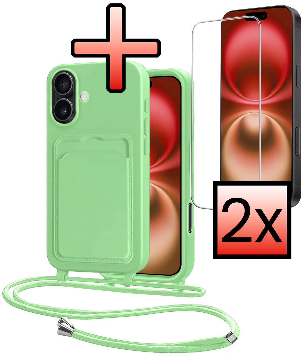NoXx NoXx iPhone 16 Plus Hoesje Pashouder met Koord Met 2x Screenprotector - Groen
