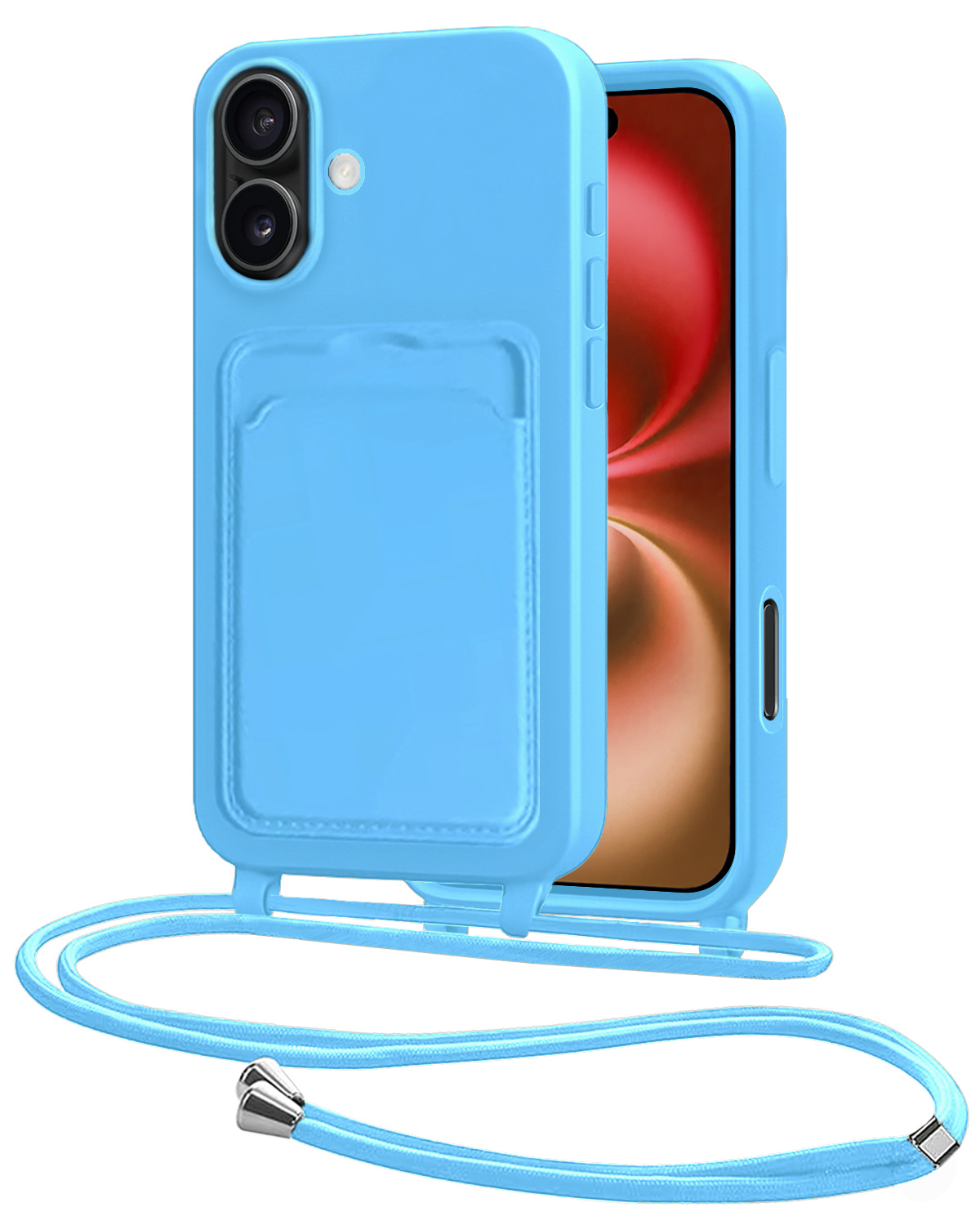 NoXx NoXx iPhone 16 Plus Hoesje Pashouder met Koord - Lichtblauw