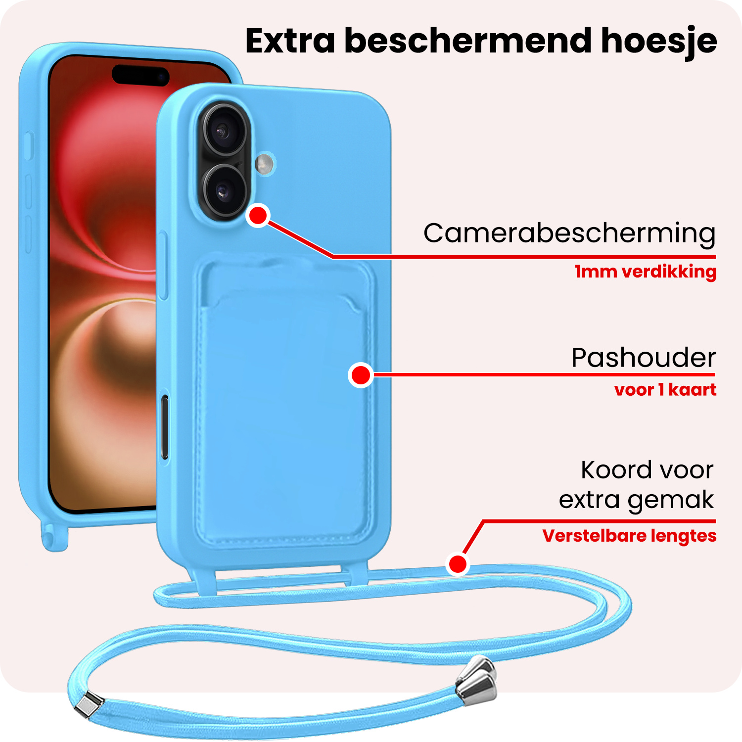 NoXx NoXx iPhone 16 Plus Hoesje Pashouder met Koord - Lichtblauw