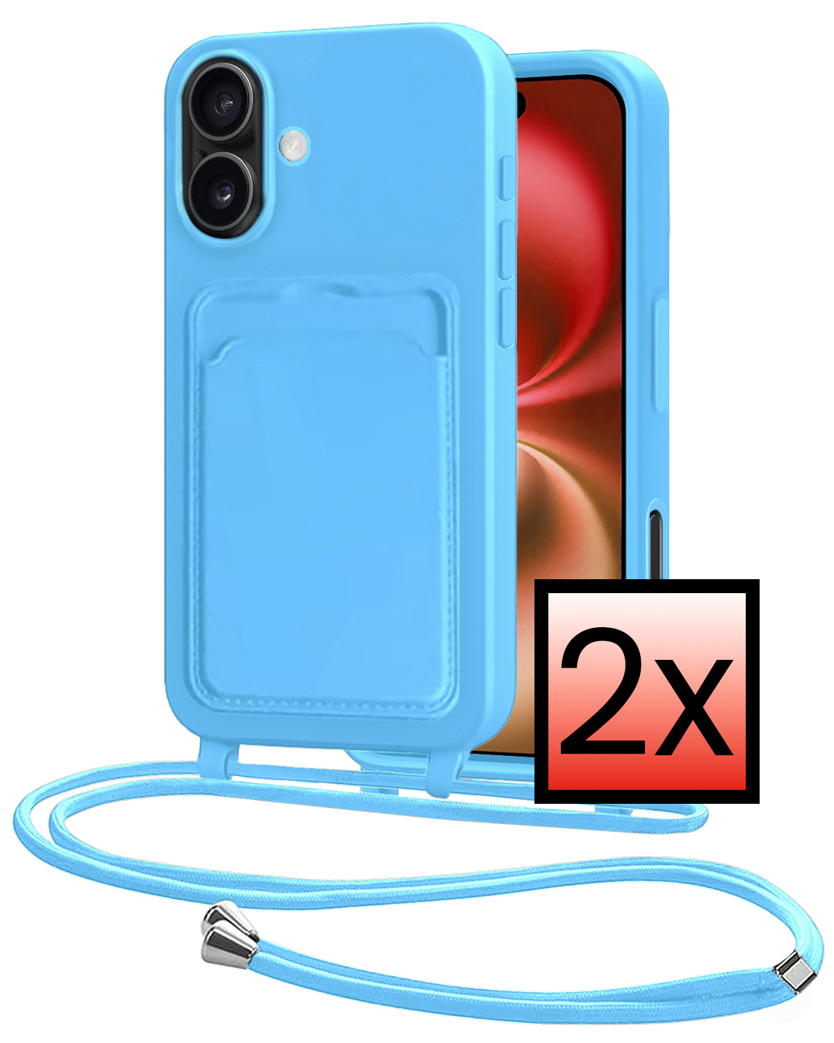 NoXx NoXx iPhone 16 Plus Hoesje Pashouder met Koord - Lichtblauw - 2 PACK