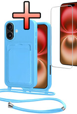 NoXx NoXx iPhone 16 Plus Hoesje Pashouder met Koord Met Screenprotector - Lichtblauw