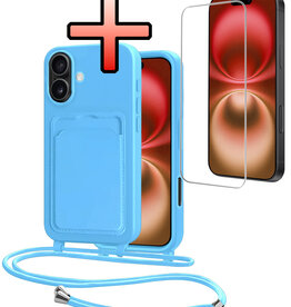 NoXx NoXx iPhone 16 Plus Hoesje Pashouder met Koord Met Screenprotector - Lichtblauw