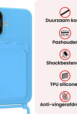 NoXx NoXx iPhone 16 Plus Hoesje Pashouder met Koord Met Screenprotector - Lichtblauw