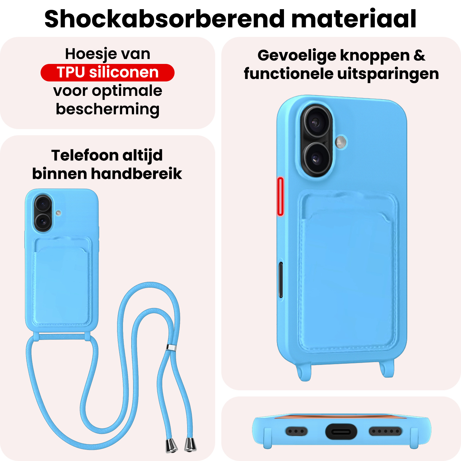 NoXx NoXx iPhone 16 Plus Hoesje Pashouder met Koord Met Screenprotector - Lichtblauw