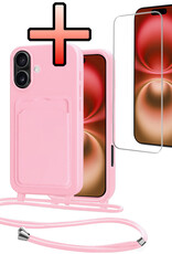 NoXx NoXx iPhone 16 Plus Hoesje Pashouder met Koord Met Screenprotector - Lichtroze