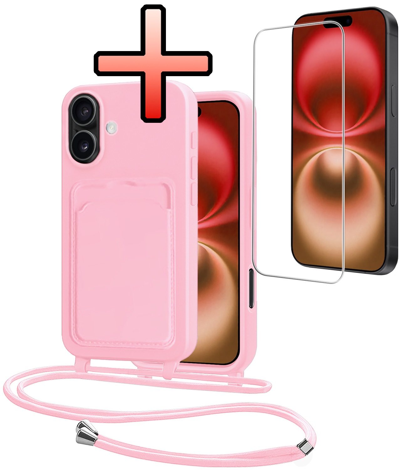 NoXx NoXx iPhone 16 Plus Hoesje Pashouder met Koord Met Screenprotector - Lichtroze