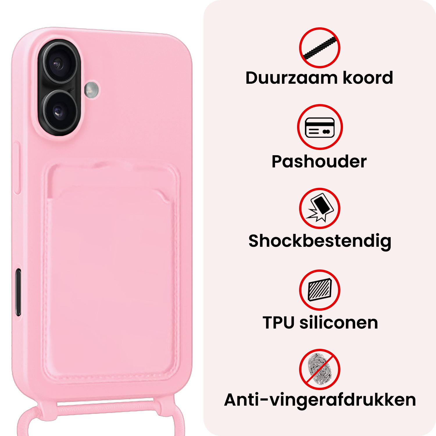 NoXx NoXx iPhone 16 Plus Hoesje Pashouder met Koord Met Screenprotector - Lichtroze