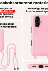 NoXx NoXx iPhone 16 Plus Hoesje Pashouder met Koord Met Screenprotector - Lichtroze