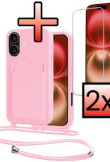 NoXx NoXx iPhone 16 Plus Hoesje Pashouder met Koord Met 2x Screenprotector - Lichtroze