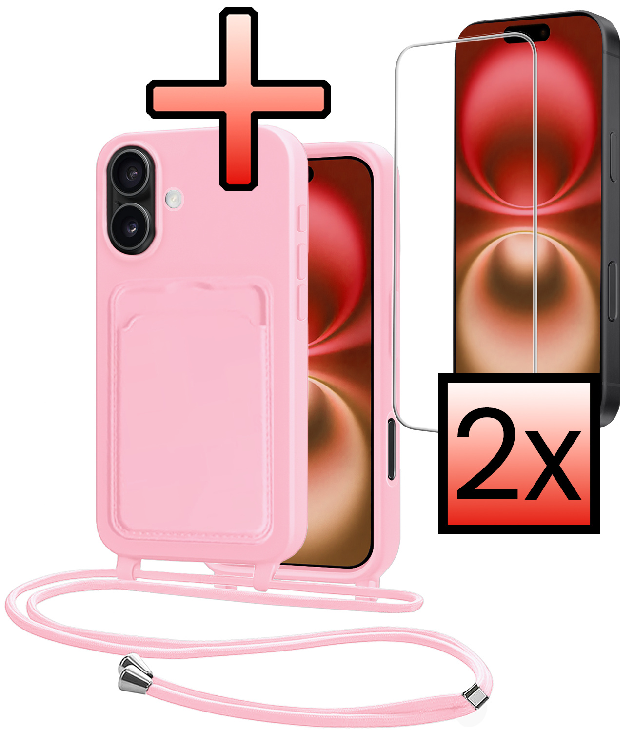 NoXx NoXx iPhone 16 Plus Hoesje Pashouder met Koord Met 2x Screenprotector - Lichtroze
