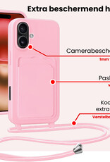 NoXx NoXx iPhone 16 Plus Hoesje Pashouder met Koord Met 2x Screenprotector - Lichtroze