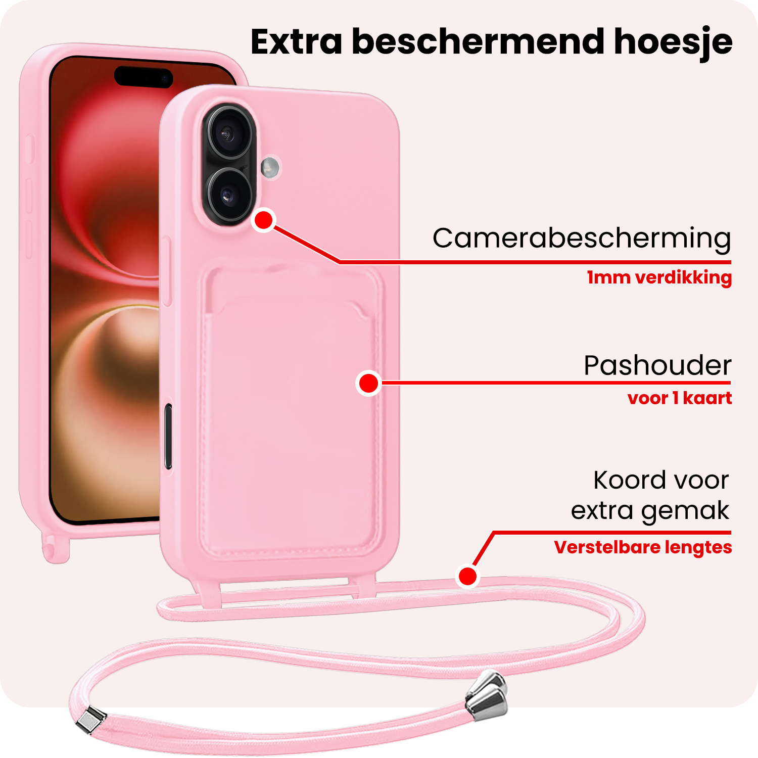 NoXx NoXx iPhone 16 Plus Hoesje Pashouder met Koord Met 2x Screenprotector - Lichtroze