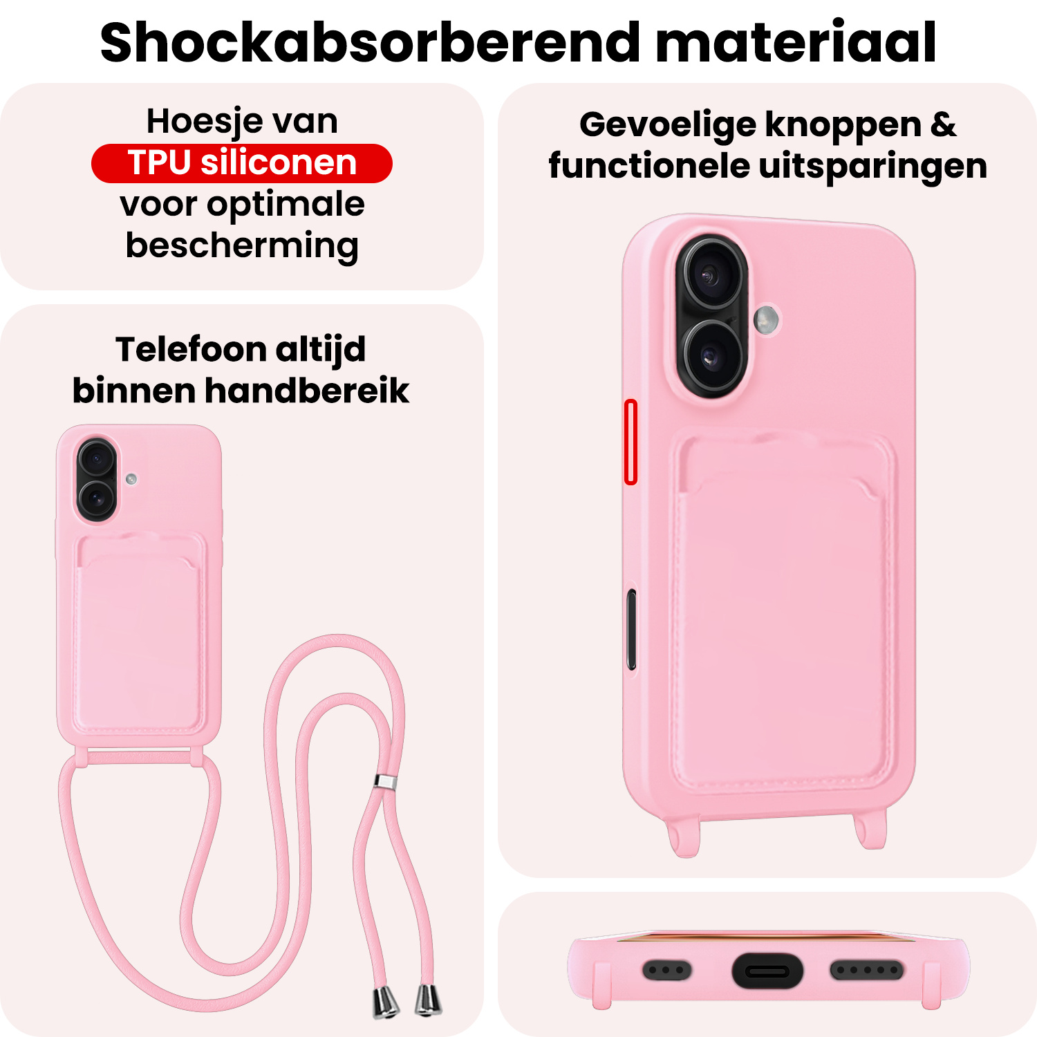 NoXx NoXx iPhone 16 Plus Hoesje Pashouder met Koord Met 2x Screenprotector - Lichtroze