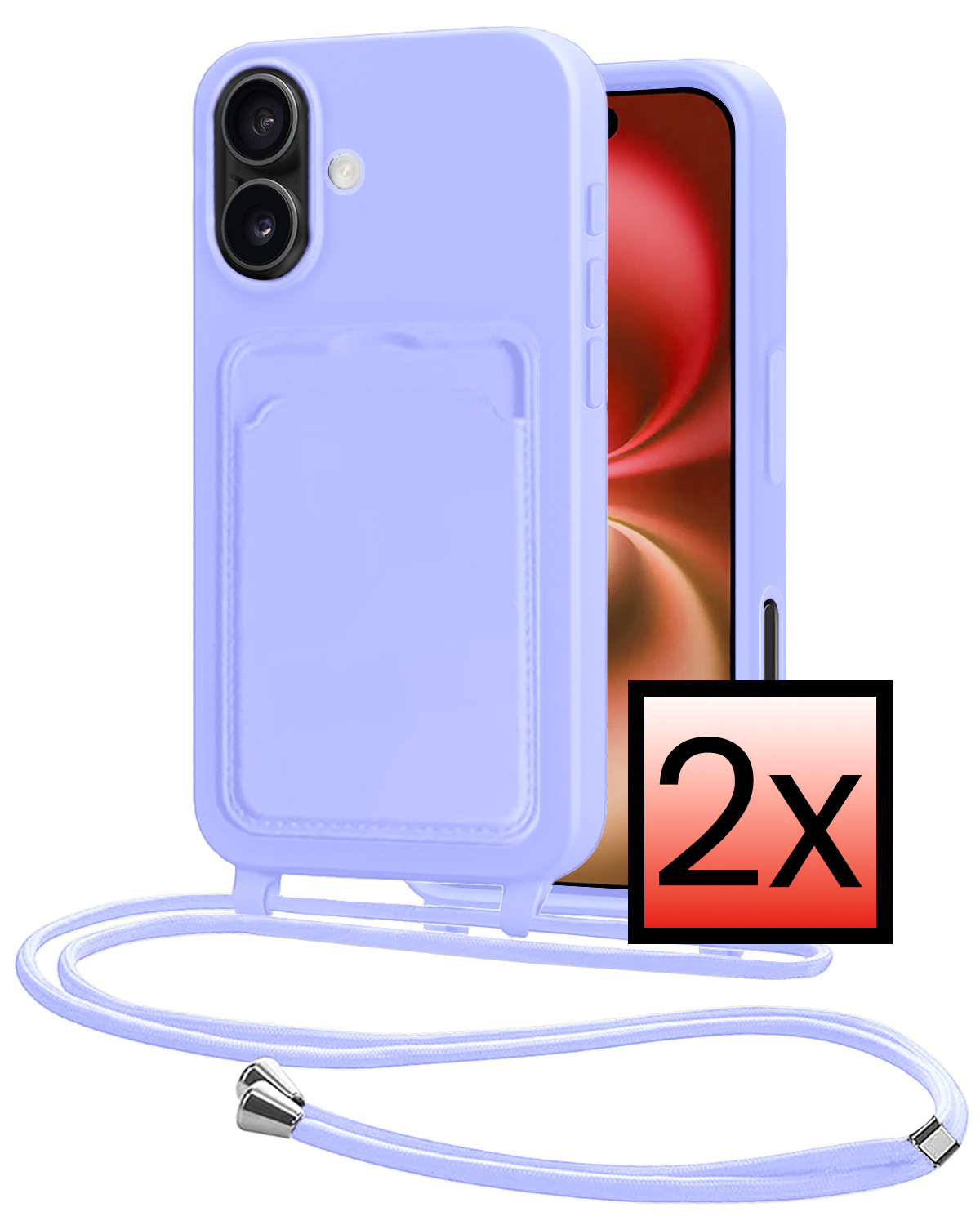 NoXx NoXx iPhone 16 Plus Hoesje Pashouder met Koord - Lila - 2 PACK