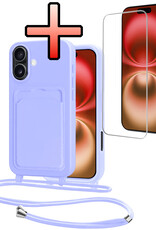 NoXx NoXx iPhone 16 Plus Hoesje Pashouder met Koord Met Screenprotector - Lila
