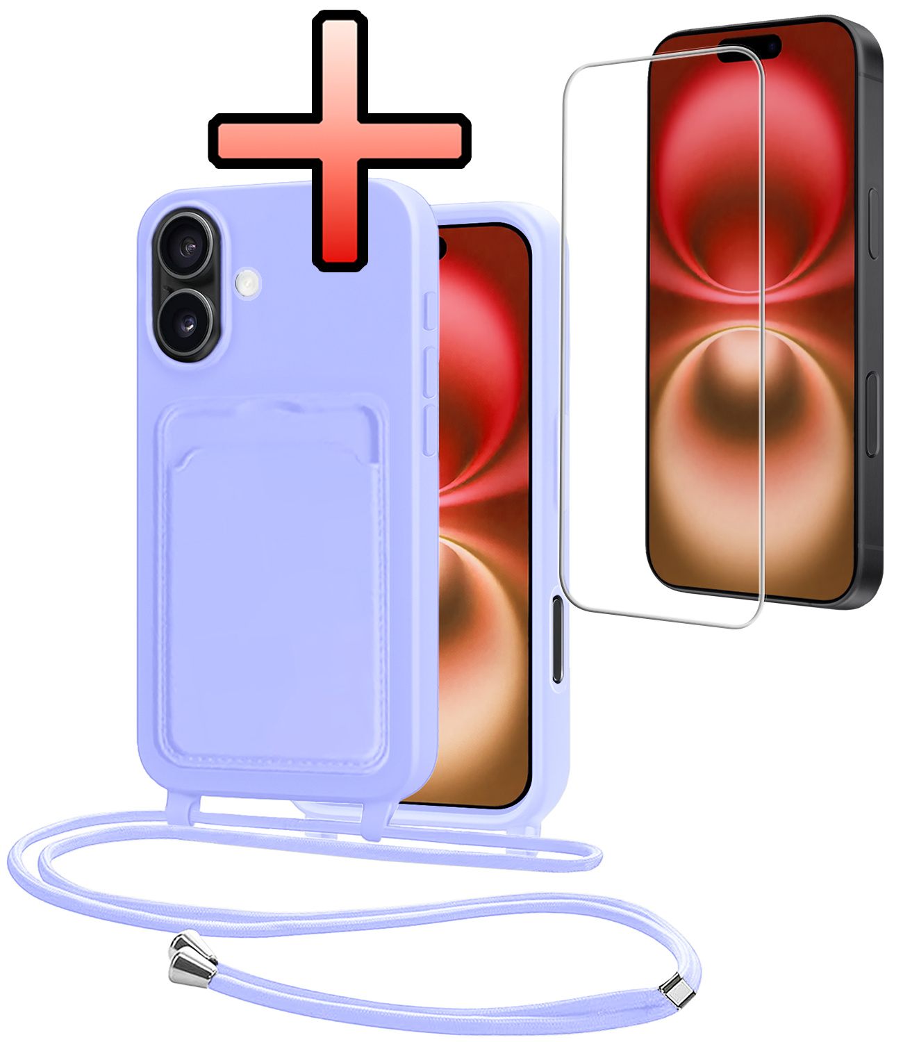 NoXx NoXx iPhone 16 Plus Hoesje Pashouder met Koord Met Screenprotector - Lila