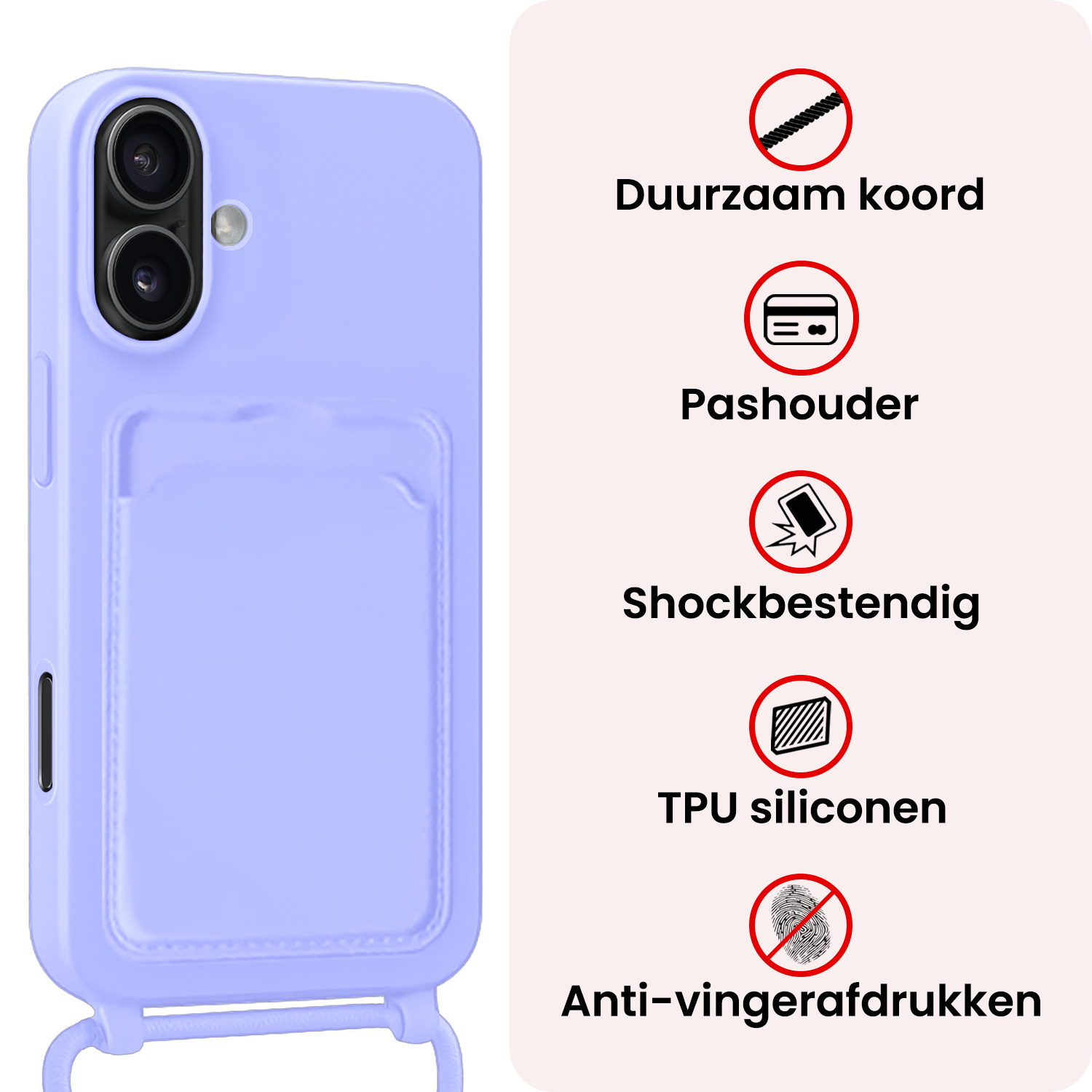NoXx NoXx iPhone 16 Plus Hoesje Pashouder met Koord Met Screenprotector - Lila