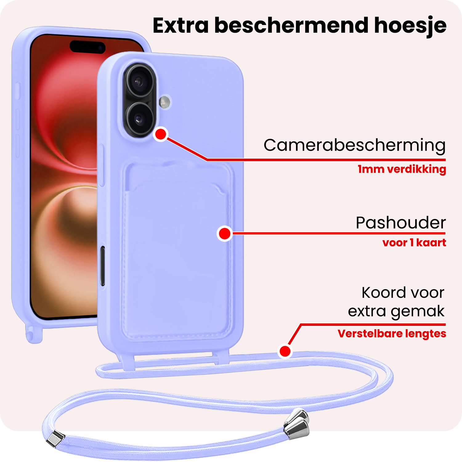 NoXx NoXx iPhone 16 Plus Hoesje Pashouder met Koord Met Screenprotector - Lila